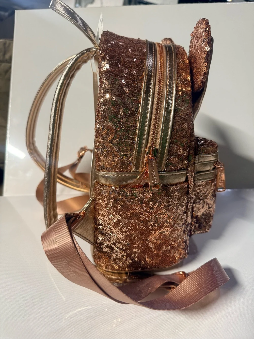 Loungefly Disney Parks Rose Gold Sequin Minnie Ear Mini Backpack